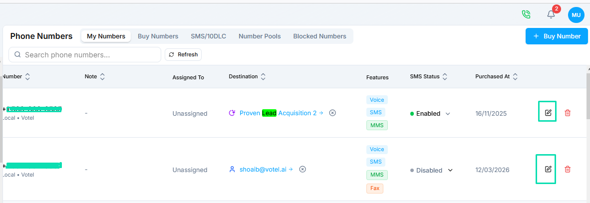 Phone Number Settings